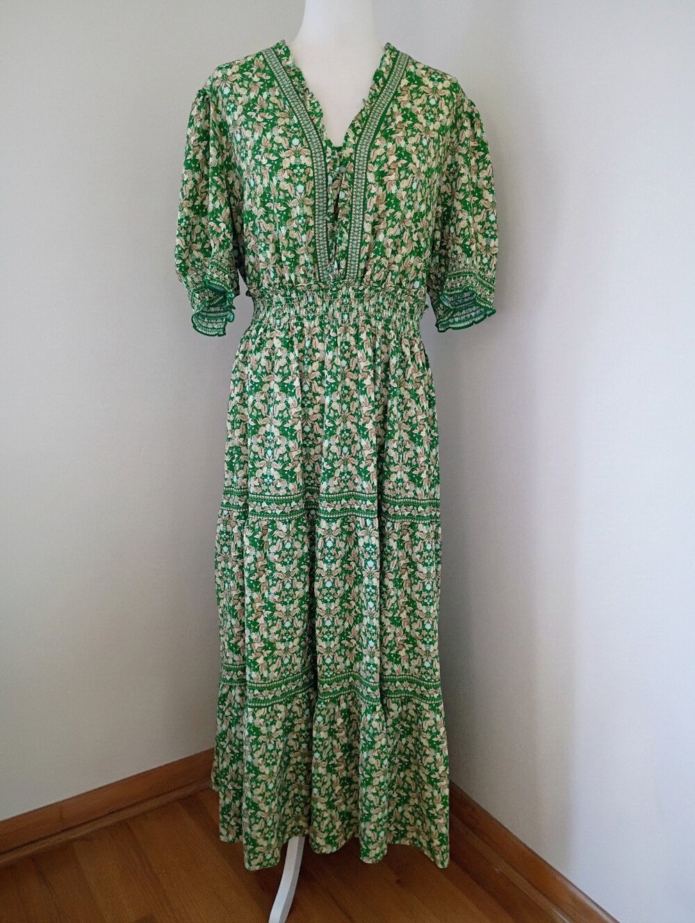 Max Studio Green Floral V-Neck Short Sleeve Tiered Ruffle Maxi Dress NWT Size 1X